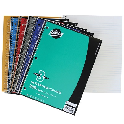 Notebook-Coil, 3-Subject 10.5X8 300 Page 3-Hole, Assorted