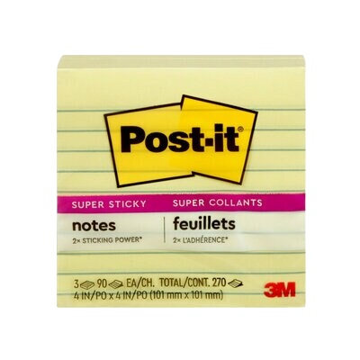 Notes-Post-It, Super Sticky 4X4 Lined Yellow