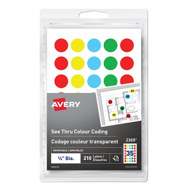 Labels-Colour Code, 3/4" Diameter, See Thru Assorted 210/Pk