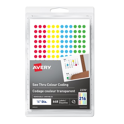 Labels-Colour Code, 1/4" Diameter, See Thru Assorted 648/Pk