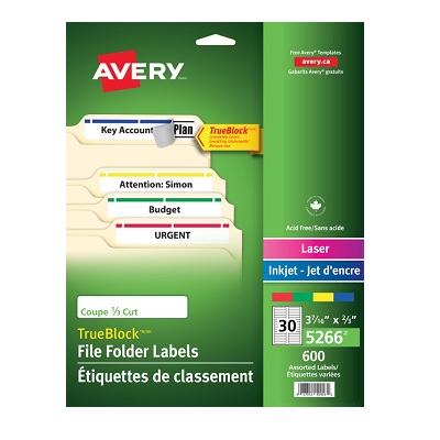 Labels-File Folder Permanent 3-7/16X2/3 Assorted 600/Ev