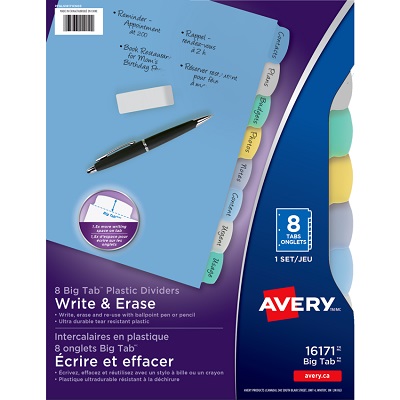Index Dividers-Big Tab Write & Erase, 8 Tab Multi-Colour