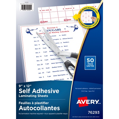 Laminating Pouch-Avery 9" X 12" Self Adhesive Sheets 50/Box