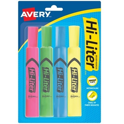 Highlighter-Hiliter Chisel Tip, Yellow/ Green/ Blue/ Pink