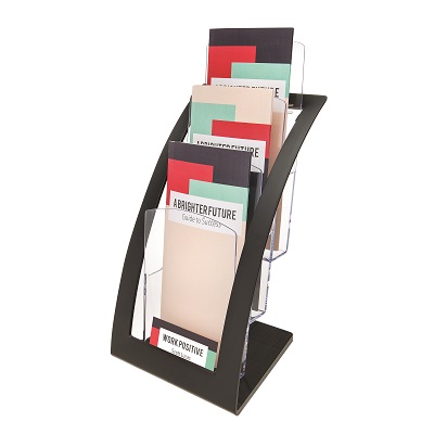 Literature Holder-Leaflets,3 Tiered Pockets, Black/Clear