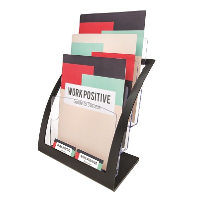 Literature Holder-Magazine,3 Tiered Pockets, Black/Clear