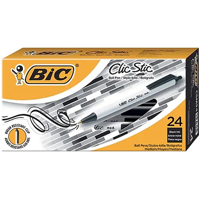 Pen-Retractable, Bic Clic Stic, Medium, Black 24/Box -Csm241