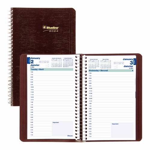 Blueline Essential Daily Planner 2024, Bilingual Burgundy (C1504.83BT) (FREE SHIPPING)
