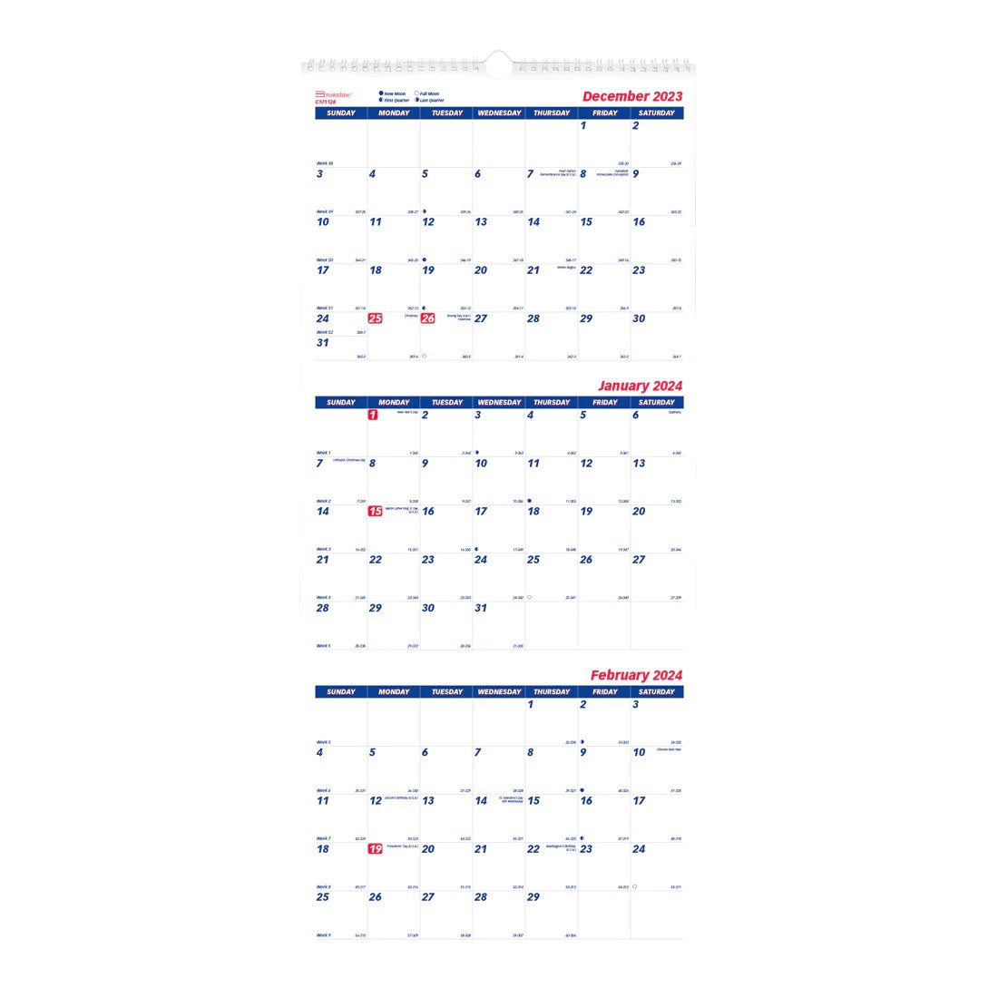 Brownline Three-Month Wall Calendar 2024, English (C171128)