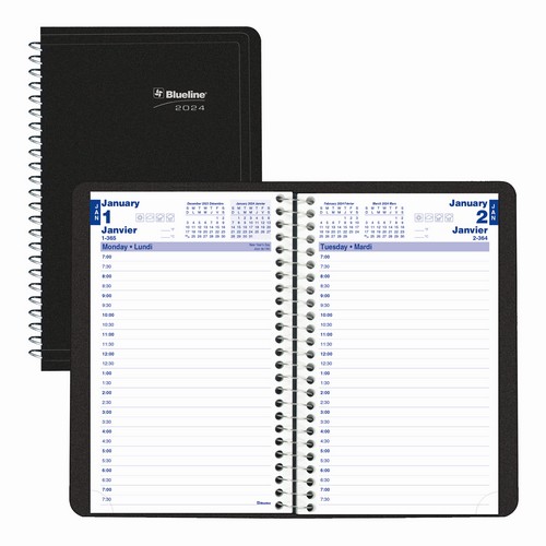 Blueline 2024 Spiral Binding Daily Planner - 8"H X 5"W - Black, Bilingual (C2504.81BT)(FREE SHIPPED)