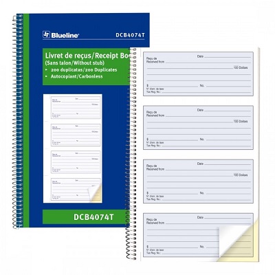 Receipt Book-Ncr 200 Duplicate 4-Up 10-5/8X6-5/8 Bilingual