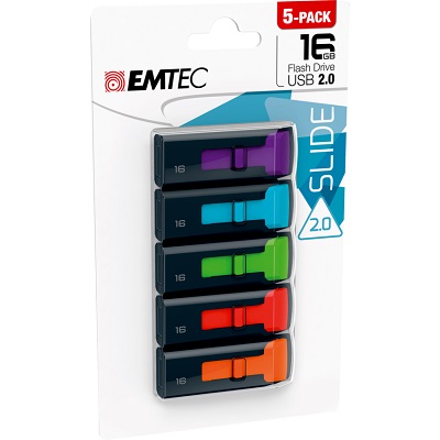 Flash Drive-Emtec B100 Click Usb 2.0 16Gb, Assorted 5-Pack