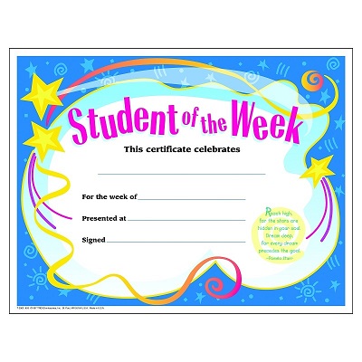 Certificate-Colourful Classics, Student Of The Week