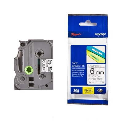 Tape-P-Touch Tz Laminated, 6Mm Black On Clear